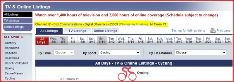 Olympics Cycling TV &amp; Web Schedule